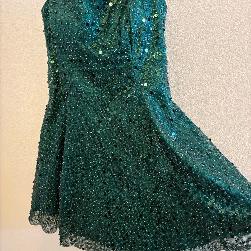 Sequined Green Party Dress - Strapless A-Line